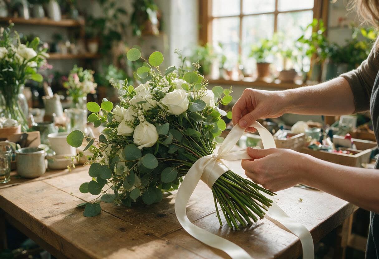 Creación artesanal de un ramo de novia en Floristería Nelke en Salceda de Caselas